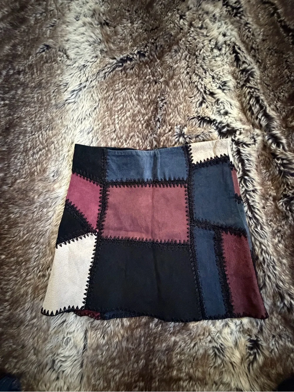 Zara Patchwork Suede Mini Skirt in Black, Burgundy, Navy & Cream